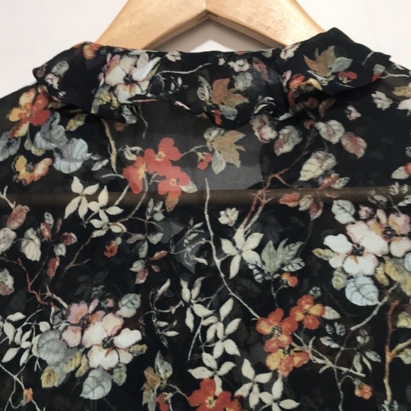 Apricot floral sheer ruffle cinched waist long sleeve blouse size Medium - Picture 6 of 11